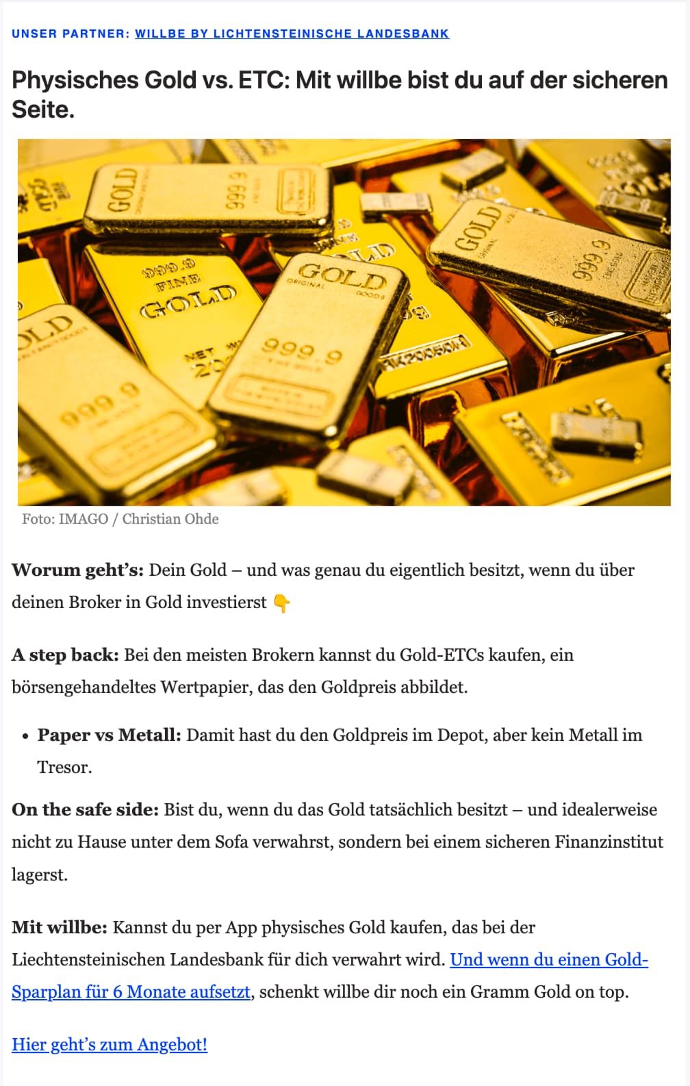 willbe Advertorial: Physisches Gold vs. ETC