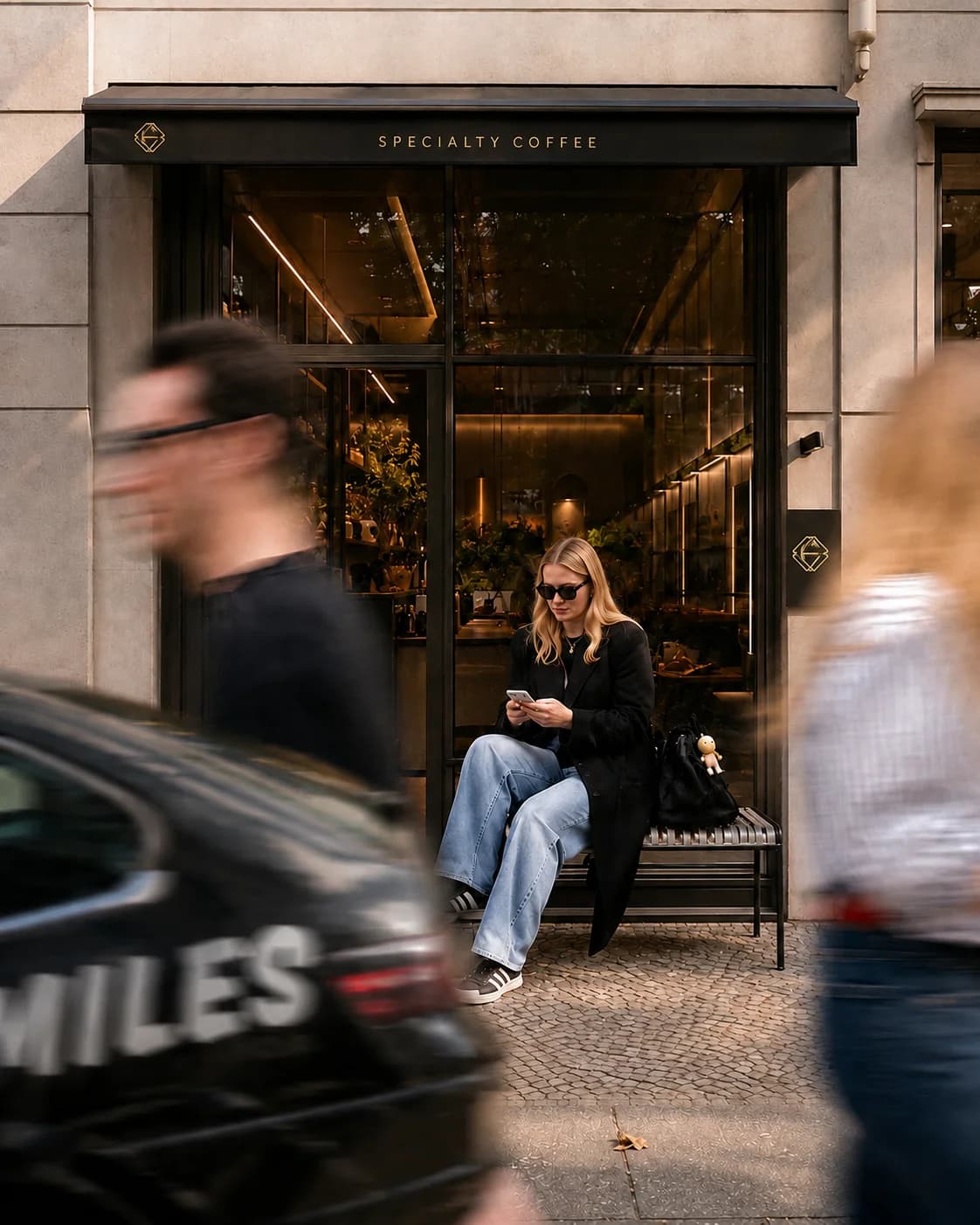 Auf der Bank vor einem Café, das Handy in der Hand